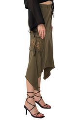 Silk sharkbite skirt with embroidery in Olive